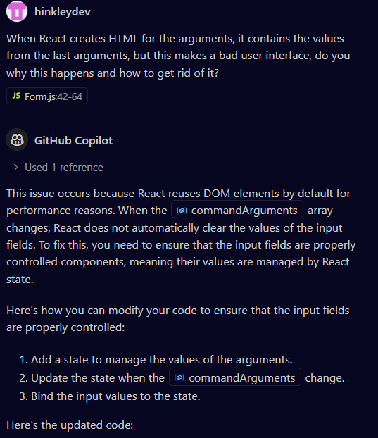 copilot explaining that the issue is related to the React DOM being reused