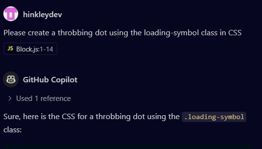 me asking co-pilot to write some throbbing dot CSS