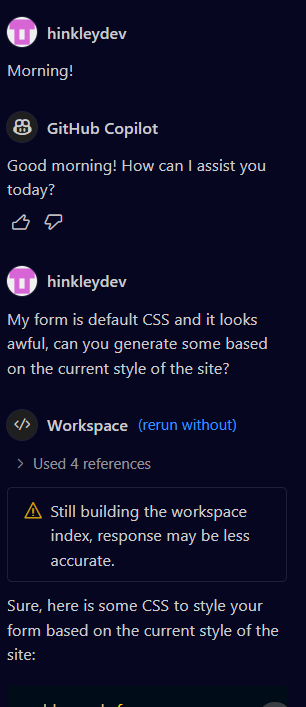 Me in a chatbox asking github copilot to write some CSS