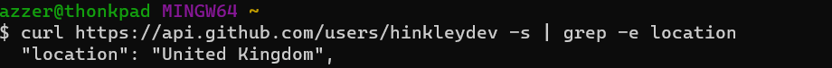 A curl command that looks for the location of a GitHub account