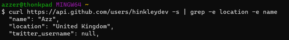 A curl command searching for name and location or a GitHub user, it returns name, twitter username and location