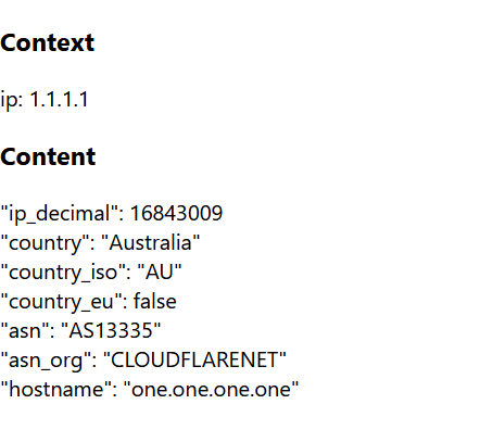 Information about IP 1.1.1.1, it says it belongs to cloudflare and is based in Australia