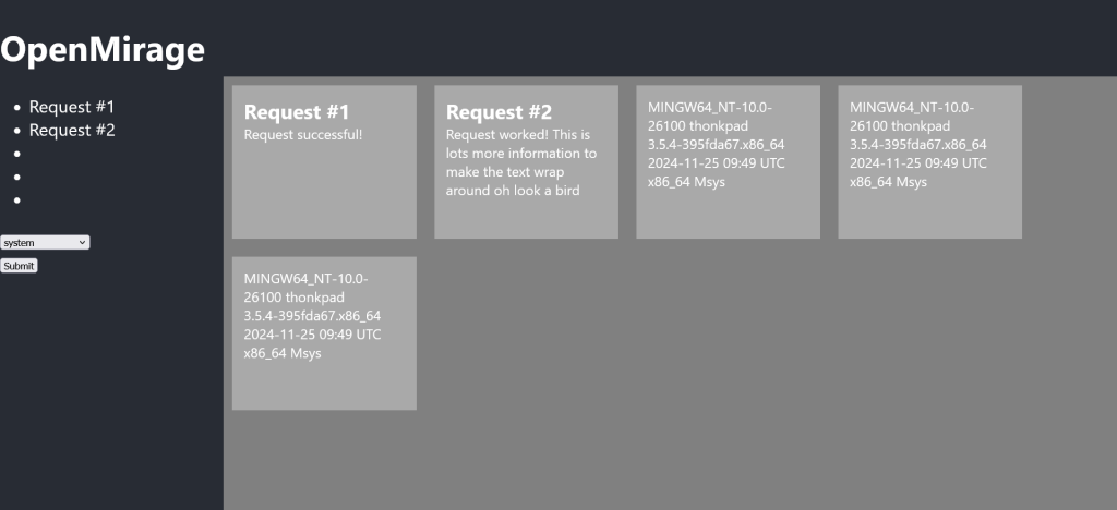 A show of five cards displaying system info