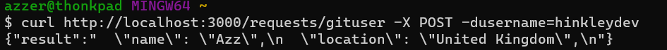 A curl request to a local server, it returns the name and location of a GitHub user